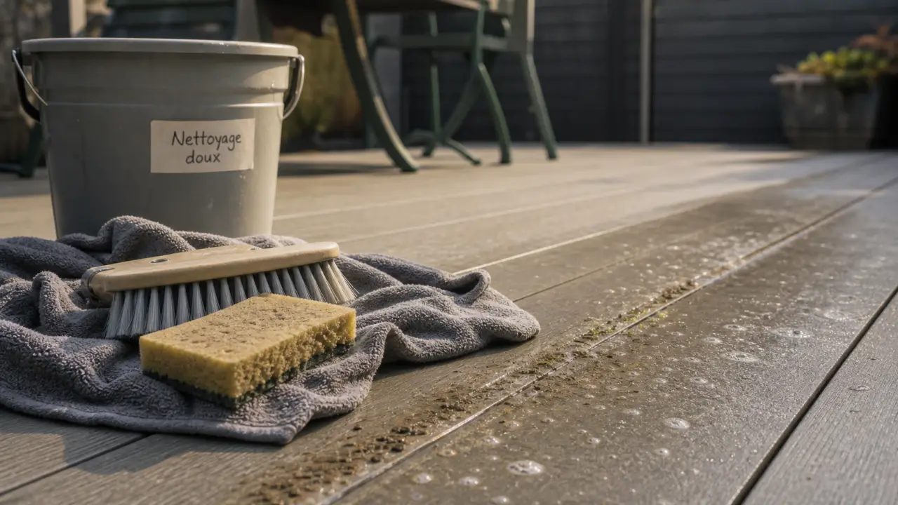 Nettoyer terrasse en composite verdit avec eau savonneuse et anti-mousse