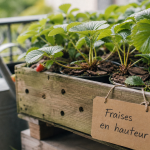 Plantation fraisier en hauteur : fraisiers en jardinière bois avec paillage