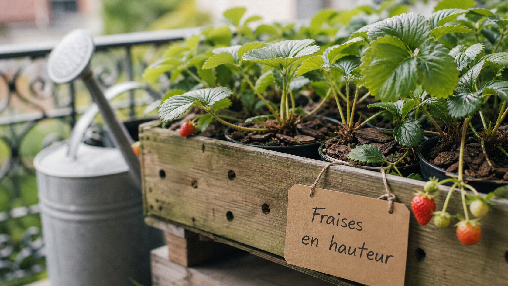 Plantation fraisier en hauteur : fraisiers en jardinière bois avec paillage