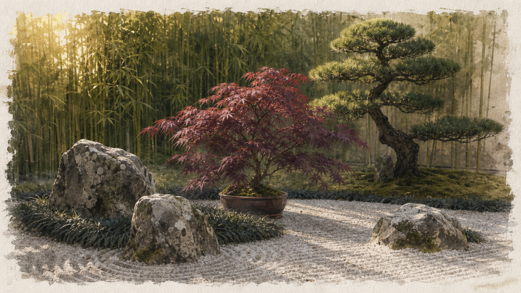 Plantes pour jardins japonais : érable du Japon, bambou et azalée en jardin zen