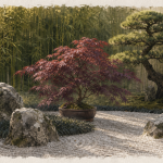 Plantes pour jardins japonais : érable du Japon, bambou et azalée en jardin zen