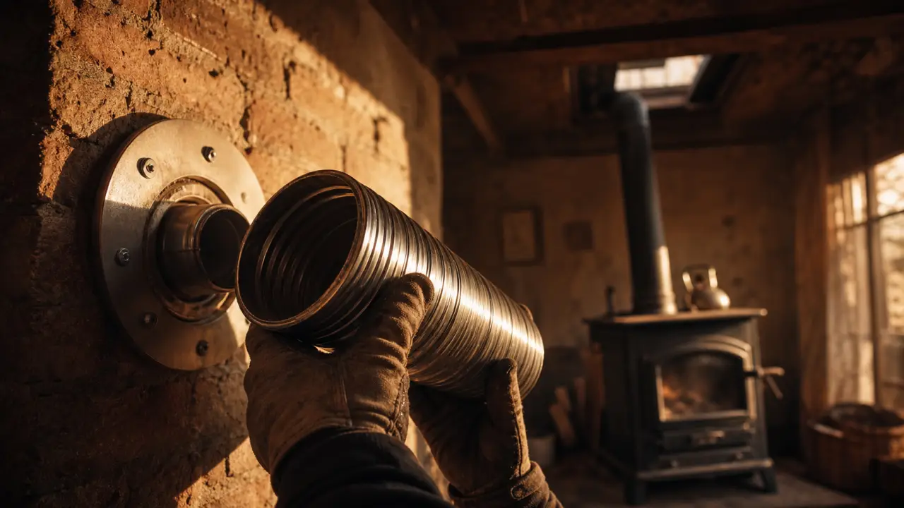 Poele a bois tubage inox : conduit de fumée raccordé