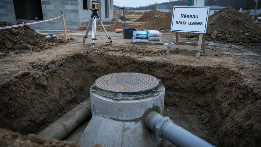 Regard de visite pour eaux usées en béton, raccord PVC, étanchéité et distance 50 m