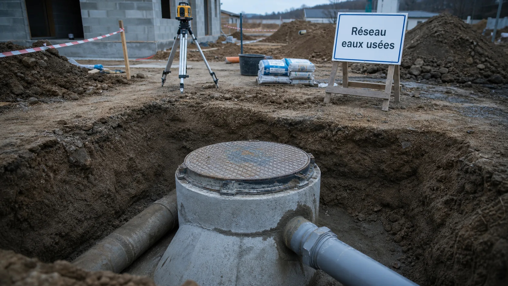 Regard de visite pour eaux usées en béton, raccord PVC, étanchéité et distance 50 m