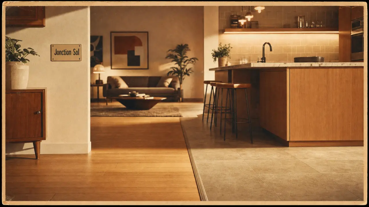 Jonction salon parquet et cuisine carrelage, seuil discret