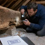 Traitement charpente bois : sciure et vermoulure sur poutre, inspection du charpentier