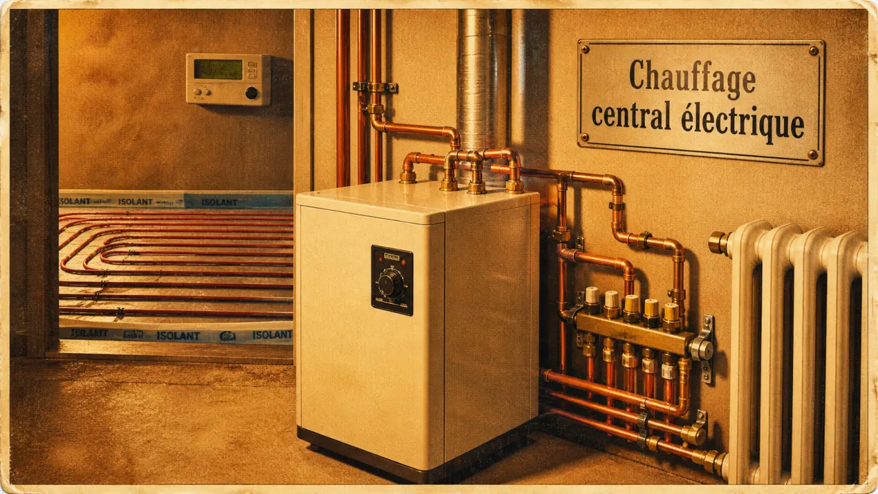 Chauffage central electrique : chaudière électrique et tuyaux vers radiateurs