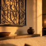 Décoration fer forgé intérieur : volutes noires sur mur beige clair