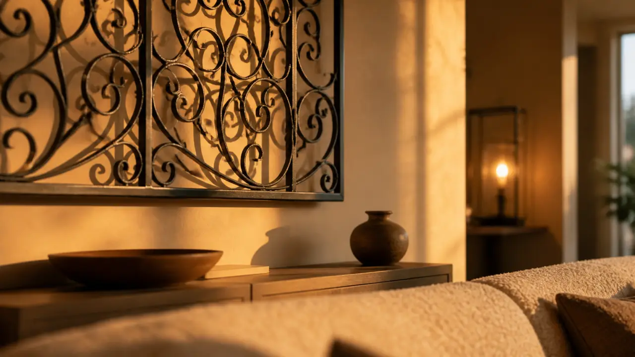 Décoration fer forgé intérieur : volutes noires sur mur beige clair