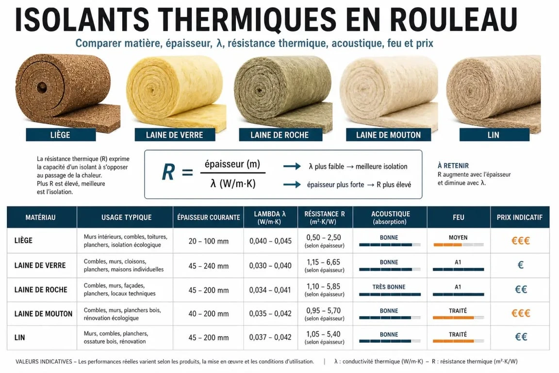 Comparatif visuel de l’isolation thermique rouleau avec matériaux, épaisseur, lambda, résistance thermique et usages