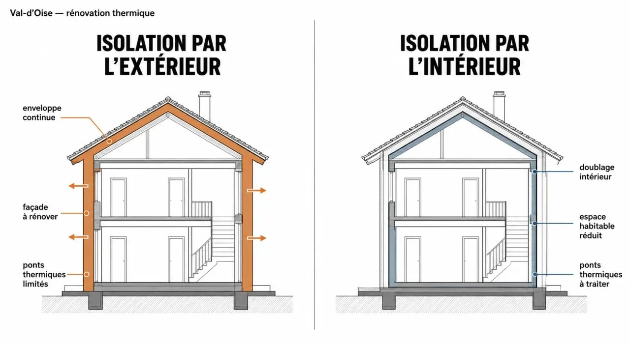 Isolation thermique 95 : comparaison visuelle entre isolation extérieure et isolation intérieure pour une maison du Val-d’Oise