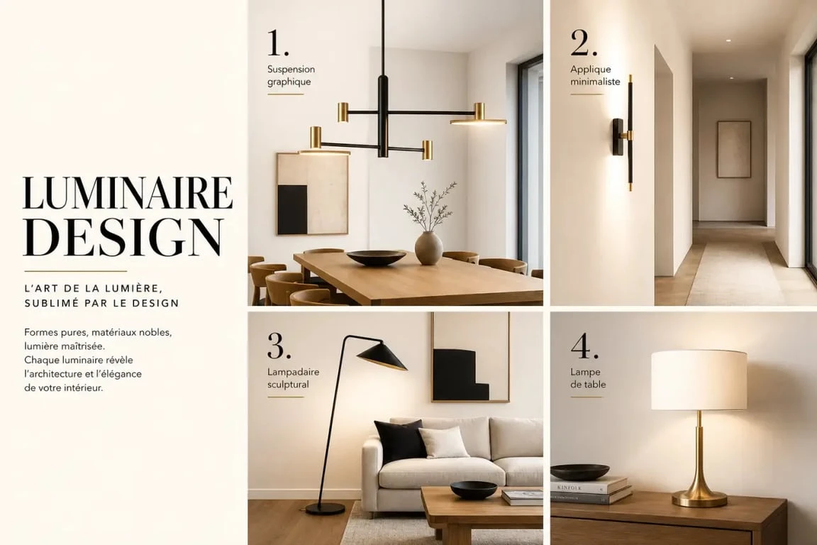 Luminaire design dans quatre ambiances d’intérieur : suspension, applique, lampadaire et lampe de table