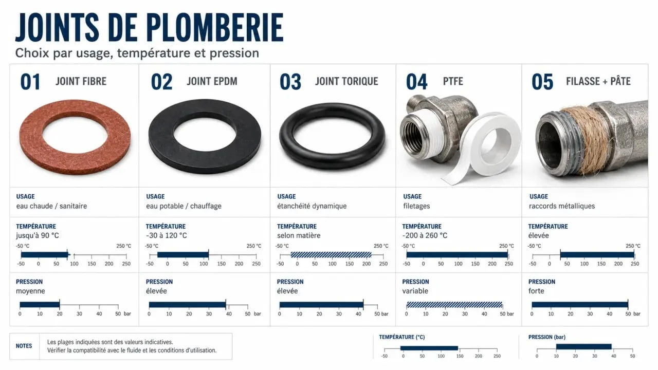 Joint plomberie : comparaison visuelle des principaux types de joints et de leurs usages