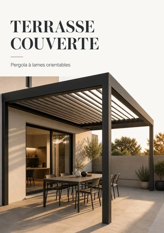 Terrasse couverte maison moderne avec pergola en aluminium et lames orientables
