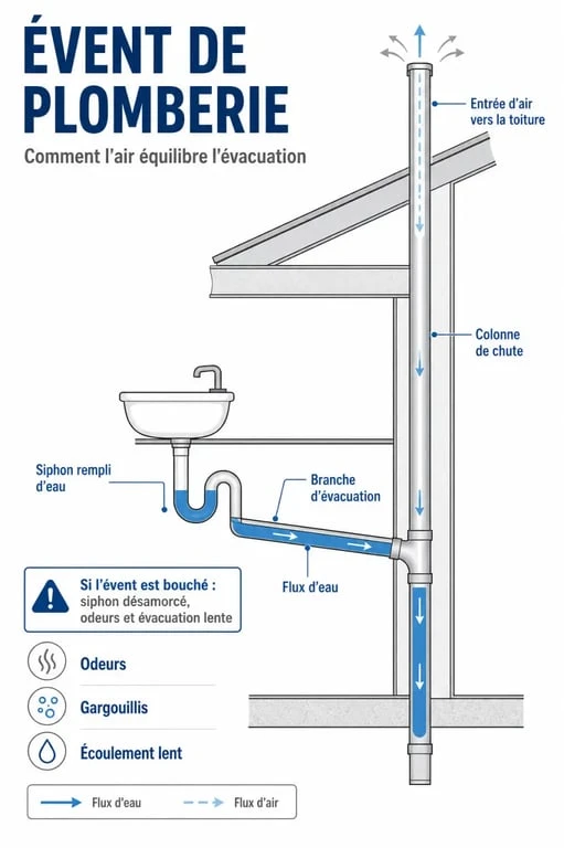 Évent plomberie : schéma du trajet de l’air et de l’eau dans un siphon