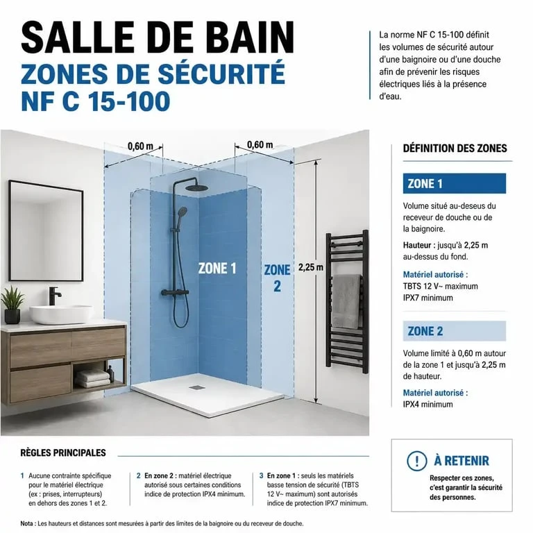 Schéma des zones de sécurité NF C 15-100 pour l'installation d'un extracteur d'air dans une salle de bain