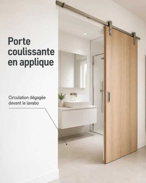 Porte coulissante salle de bain en applique dans une petite salle d'eau moderne