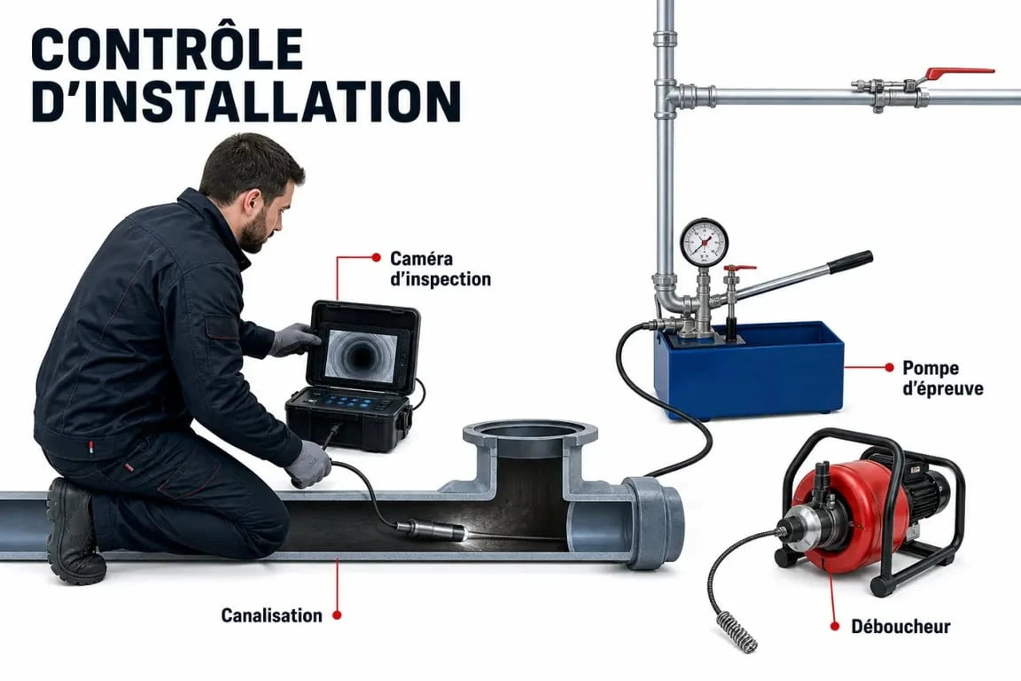 outil plomberie : scène de diagnostic et de débouchage d’une installation avec caméra d’inspection, pompe d’épreuve et déboucheur