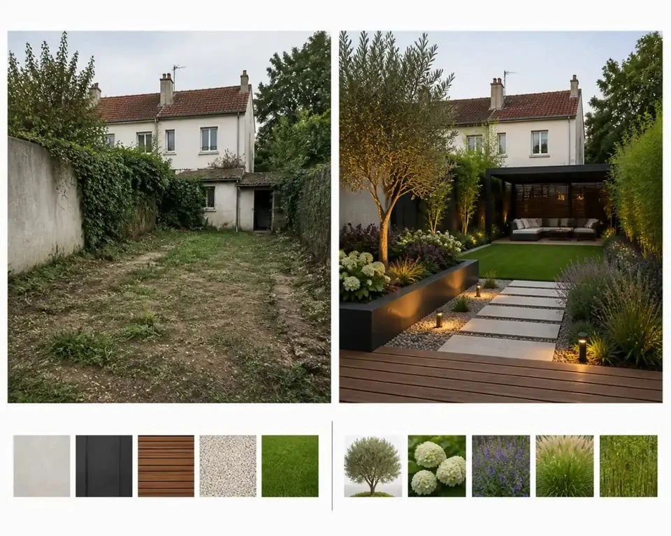 Simulation d'aménagement de jardin par IA avant après pour visualiser son projet extérieur