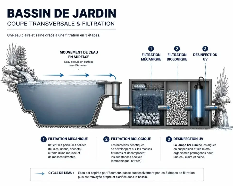 Schéma explicatif du fonctionnement d'un bassin de jardin et de son système de filtration