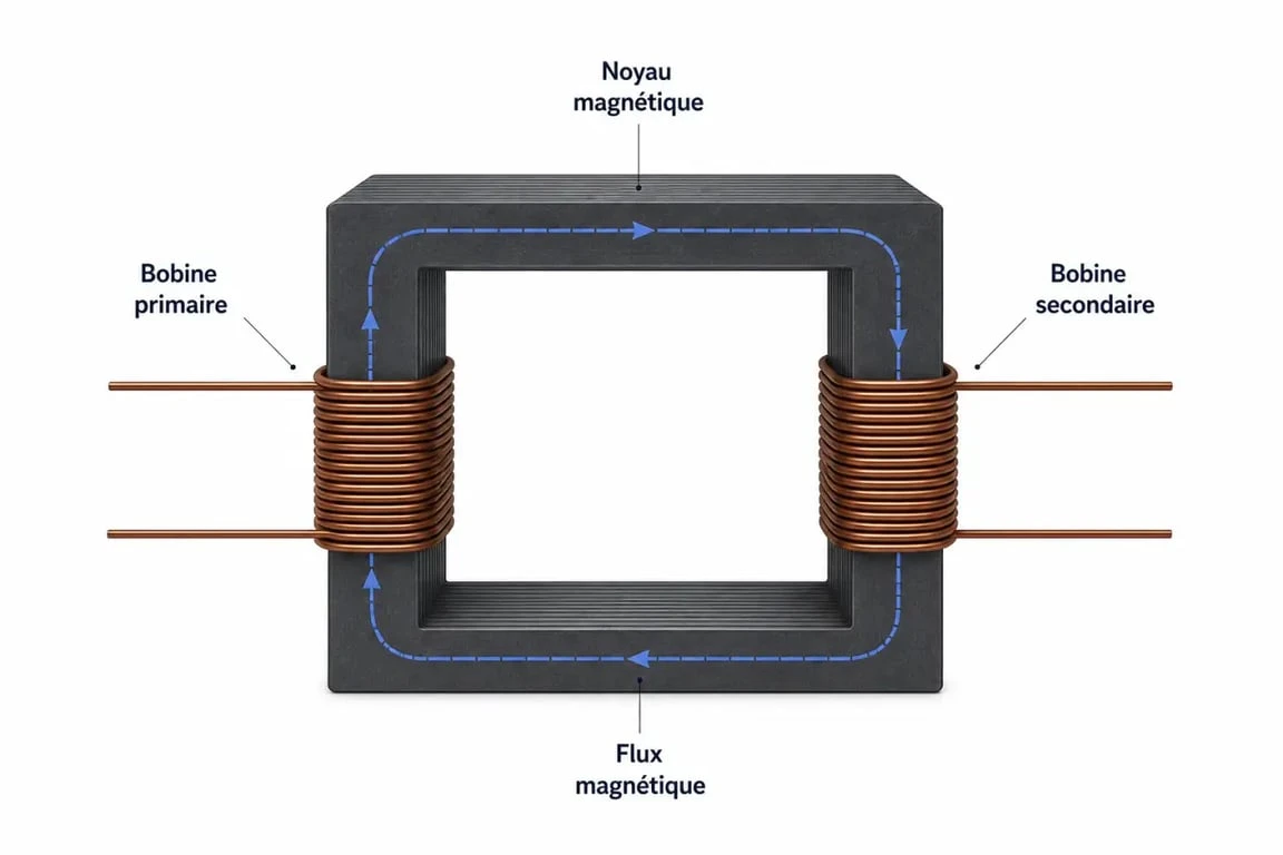 Schéma simplifié de l’électricité transformateur avec bobine primaire, bobine secondaire et noyau magnétique