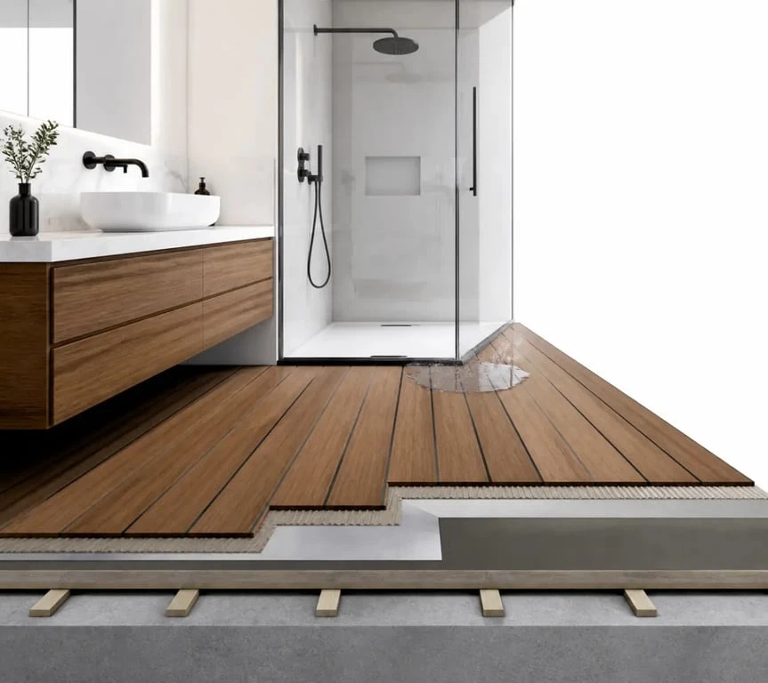 Parquet salle de bain en pose pont de bateau avec joints étanches
