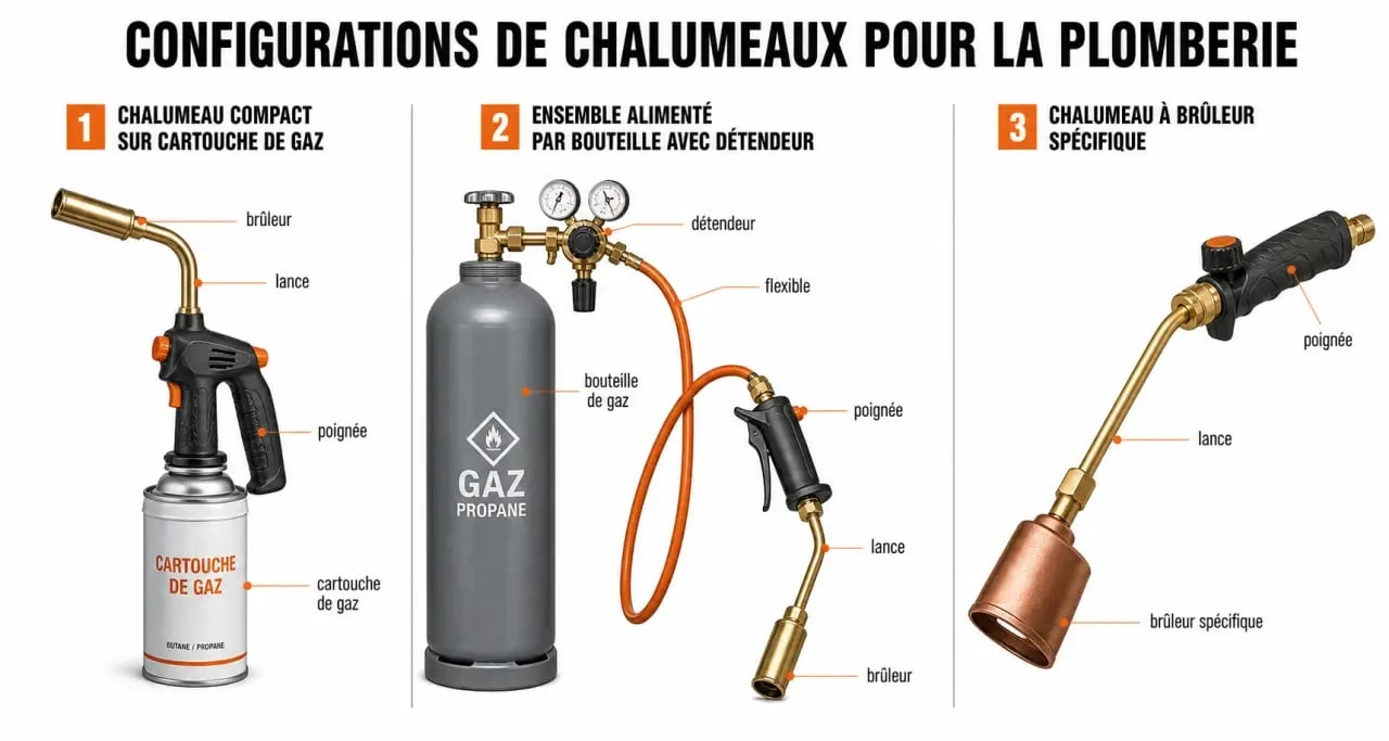 Chalumeaux plomberie : comparaison visuelle des configurations compact, bouteille et oxyacétylénique