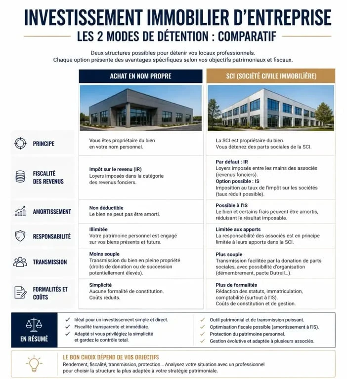 Comparaison des structures juridiques pour l'investissement immobilier d'entreprise : nom propre vs SCI.