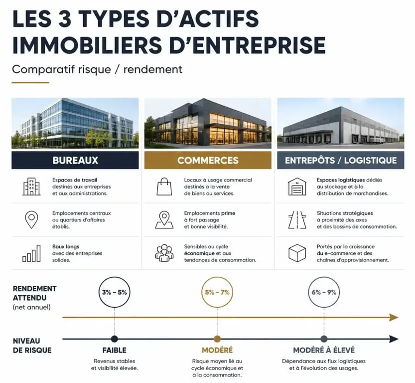 Comparatif des actifs pour un investissement immobilier d'entreprise : bureaux, commerces et entrepôts.