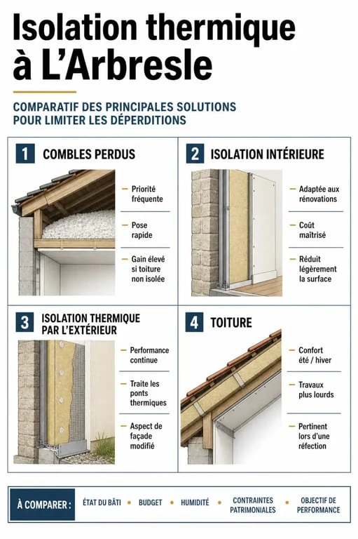 Comparatif des solutions d’isolation thermique l'arbresle entre combles perdus, murs, toiture et isolation extérieure