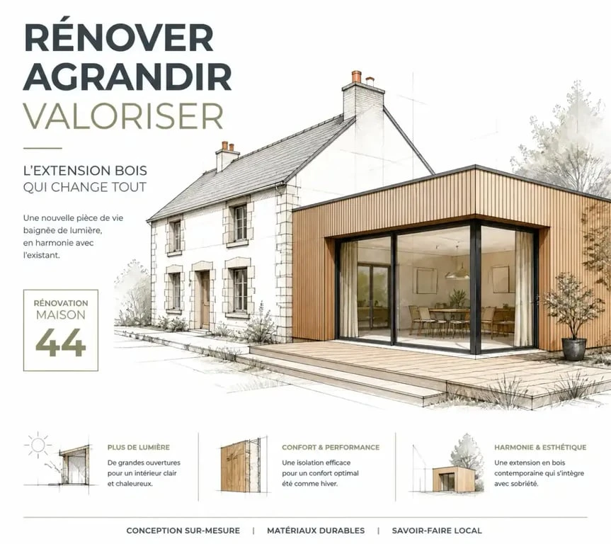 Illustration d'une extension de maison en ossature bois pour une rénovation maison 44
