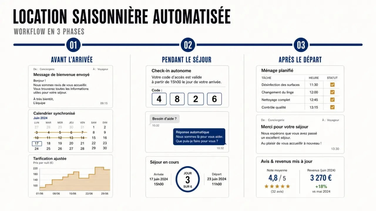 Automatiser location saisonnière : workflow avant pendant après séjour