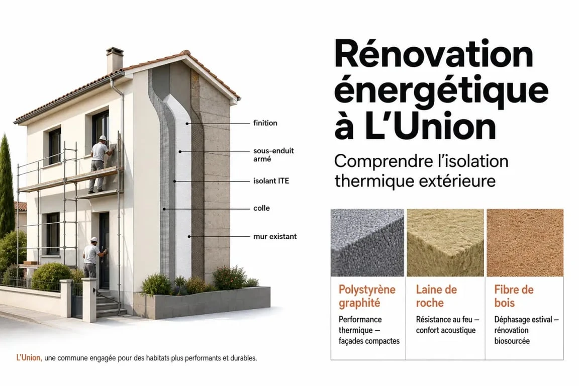 Isolation thermique extérieure l’Union : façade rénovée avec coupe simplifiée des couches d’ITE et comparaison des isolants