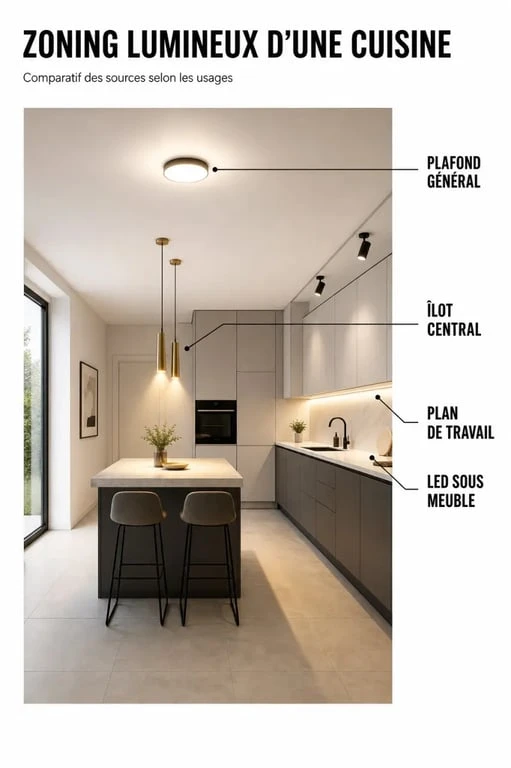 Luminaires cuisine : comparaison visuelle des éclairages pour le plafond, l’îlot et le plan de travail