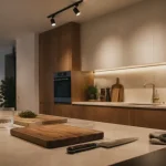 Luminaires cuisine : plafonnier et spots au plafond, zones cuisson et évier