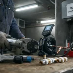 Outil plomberie : sertisseuse multicouche en chantier, avec raccords