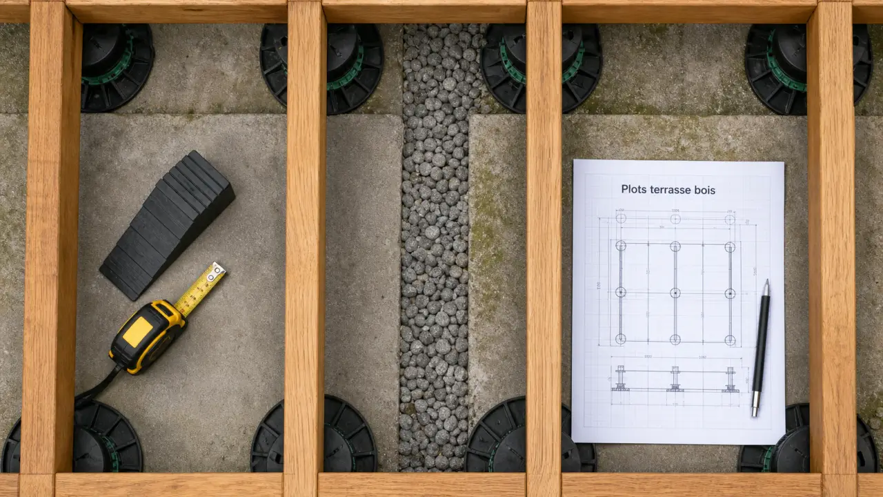 Plot terrasse bois réglable pour lambourdes, hauteur et pente
