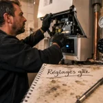 Chauffage central gaz : technicien règle une chaudière à condensation