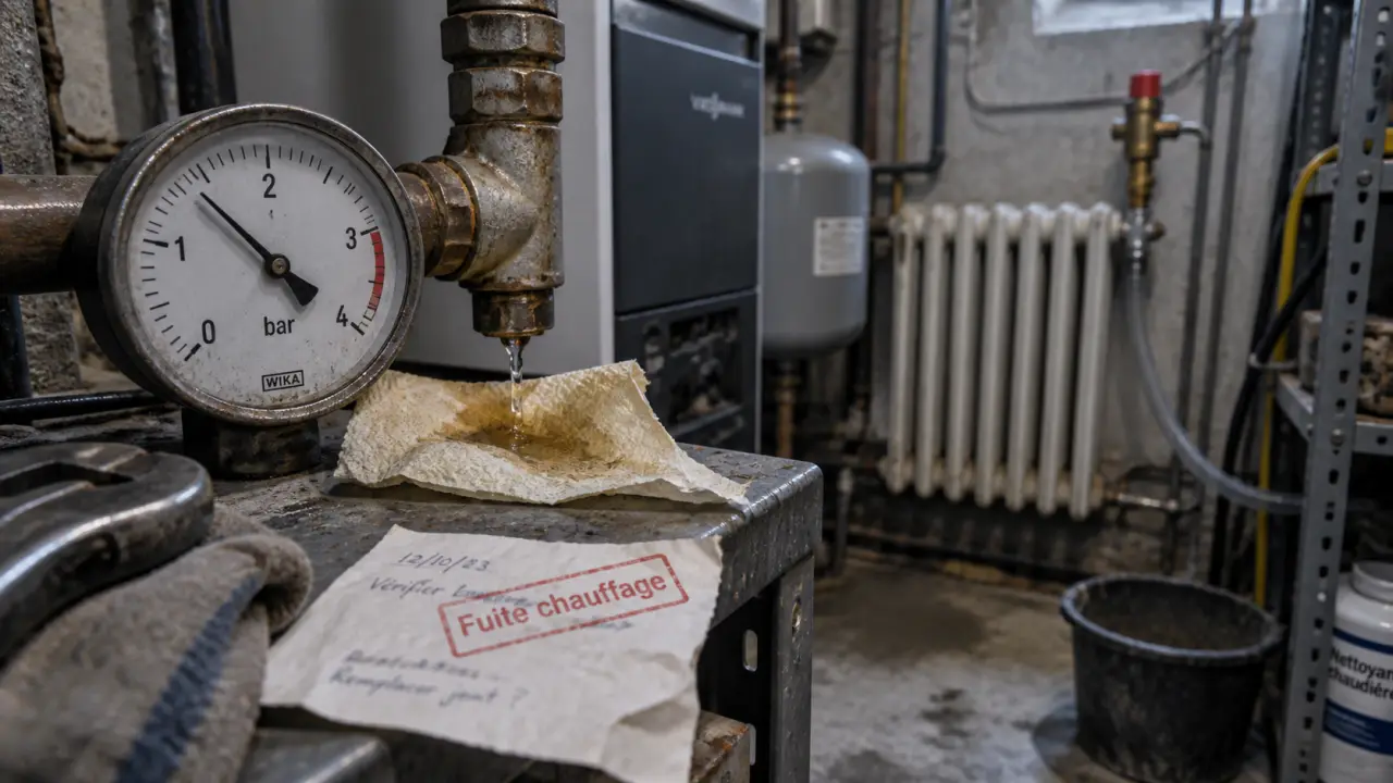 Detection fuite chauffage central : manomètre et micro-goutte sur raccord