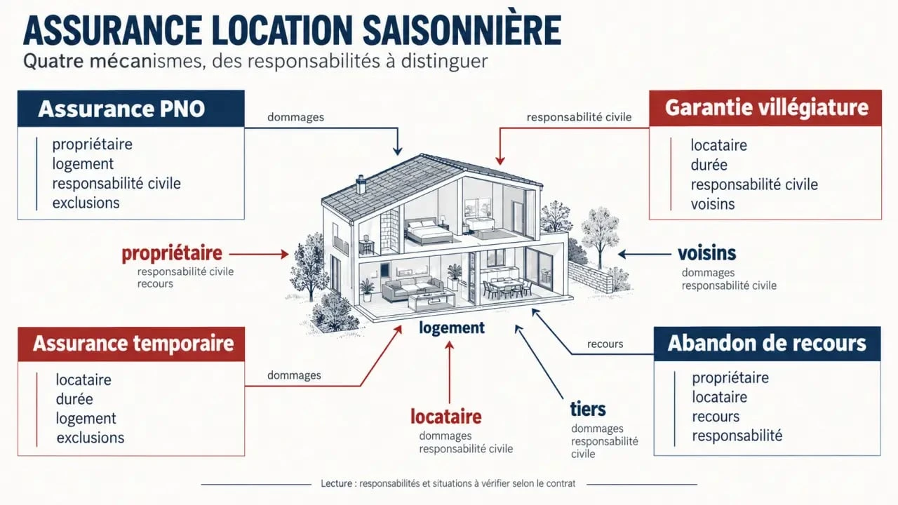 Infographie comparative sur l’assurance location saisonnière, la PNO et la garantie villégiature