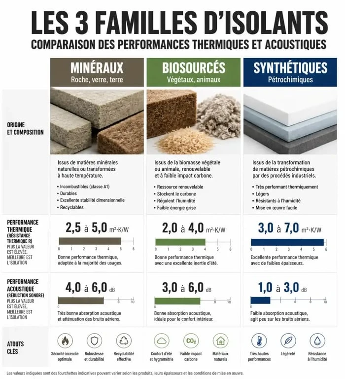 Comparatif des matériaux pour l'isolation thermique et phonique : minéraux, biosourcés et synthétiques