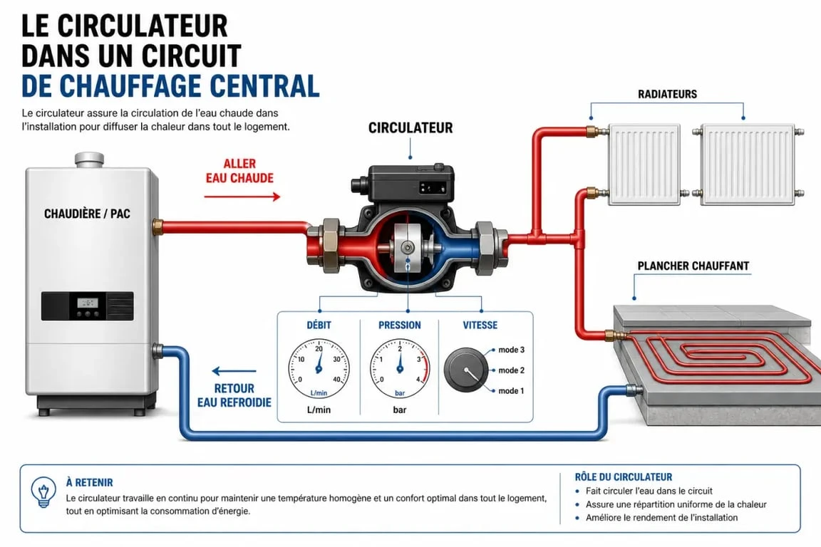 Schéma du circulateur chauffage central montrant la circulation de l’eau entre la chaudière, les radiateurs et le plancher chauffant