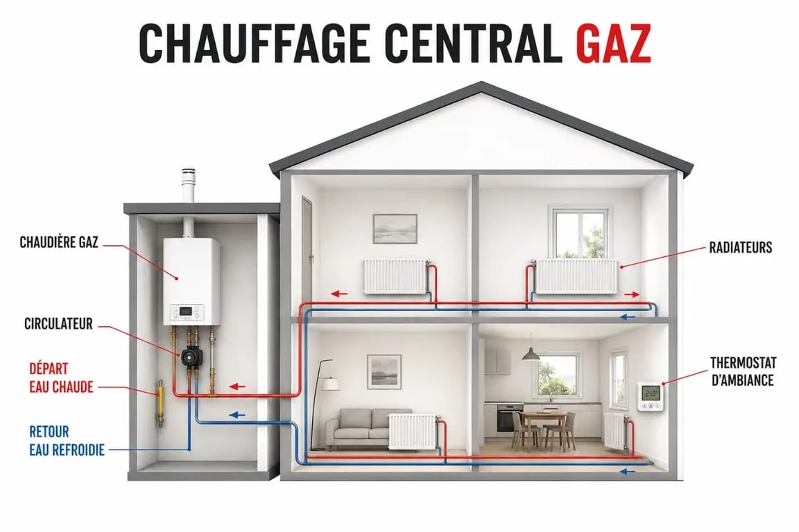 Schéma du chauffage central gaz avec chaudière, radiateurs et circuit d’eau chaude