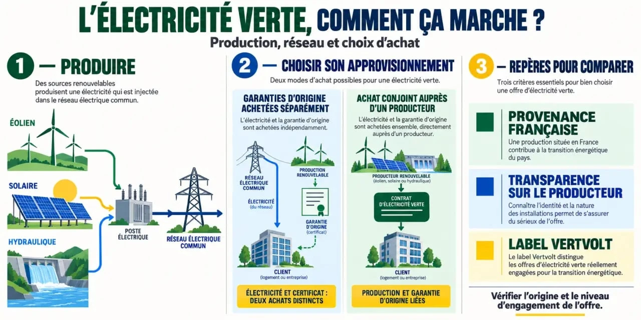 Infographie sur l’électricité verte, les garanties d’origine et l’achat conjoint