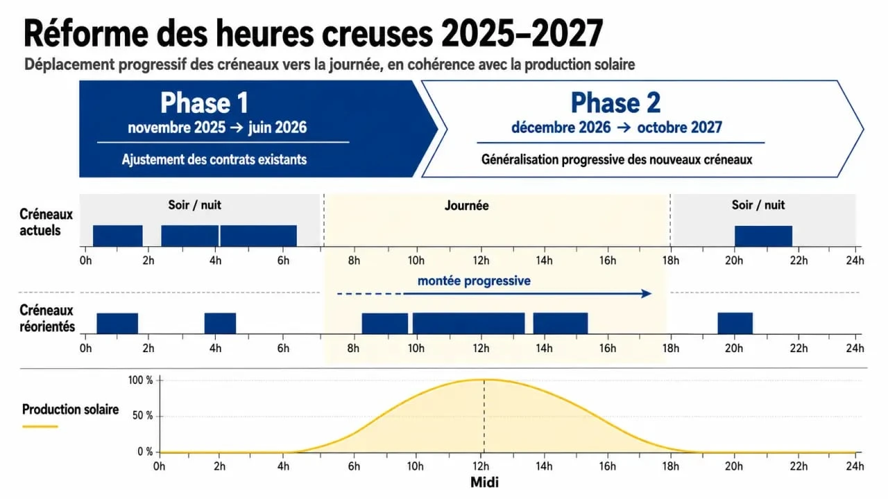 Électricité heures creuses : frise de la réforme 2025-2027 et déplacement des plages vers la journée