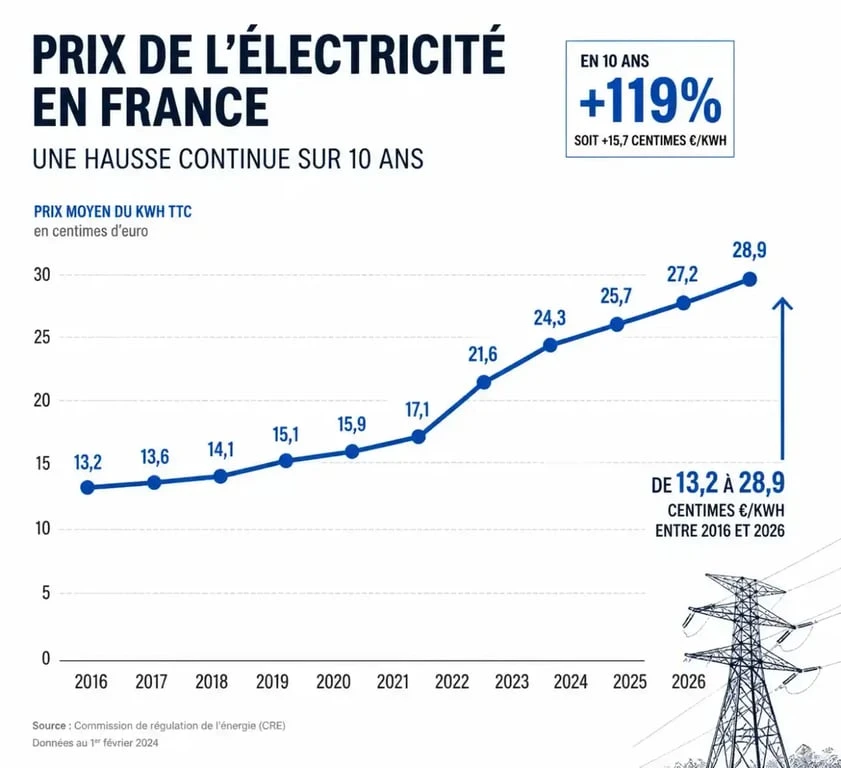 Graphique illustrant l'évolution du prix de l'électricité sur 10 ans en France