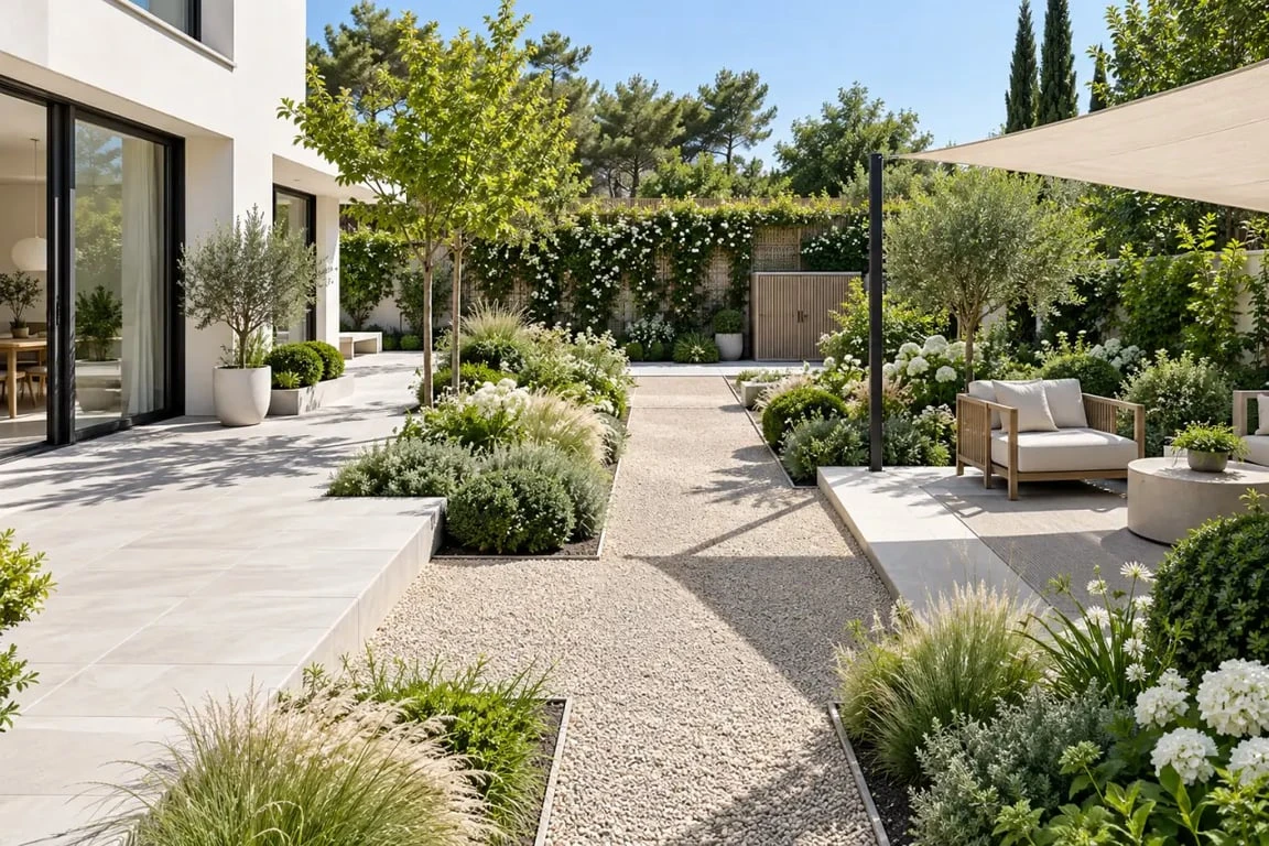 Exemple d’aménagement extérieur jardin combinant terrasse, allée, ombrage et végétation
