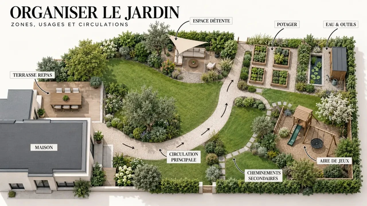 Schéma d’aménagement extérieur jardin avec zones de vie, circulation et espaces végétalisés