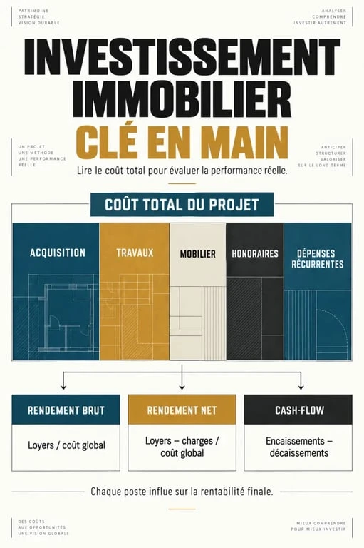 Infographie sur le coût total et la rentabilité d’un investissement immobilier clé en main