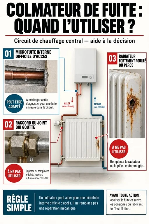Infographie sur le produit pour colmater une fuite de radiateur de chauffage central et ses limites